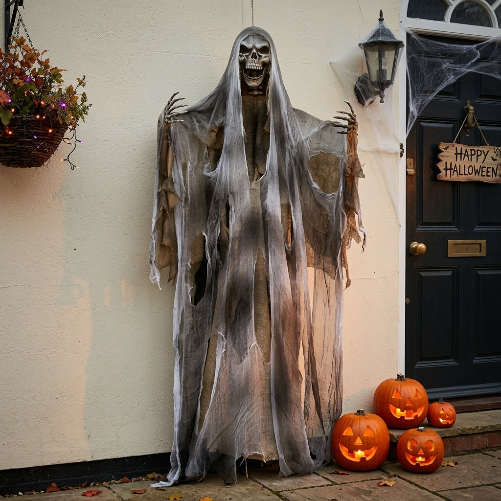 Lawnloiter Grey Reaper hanging prop by a front door with a Happy Halloween sign and pumpkins