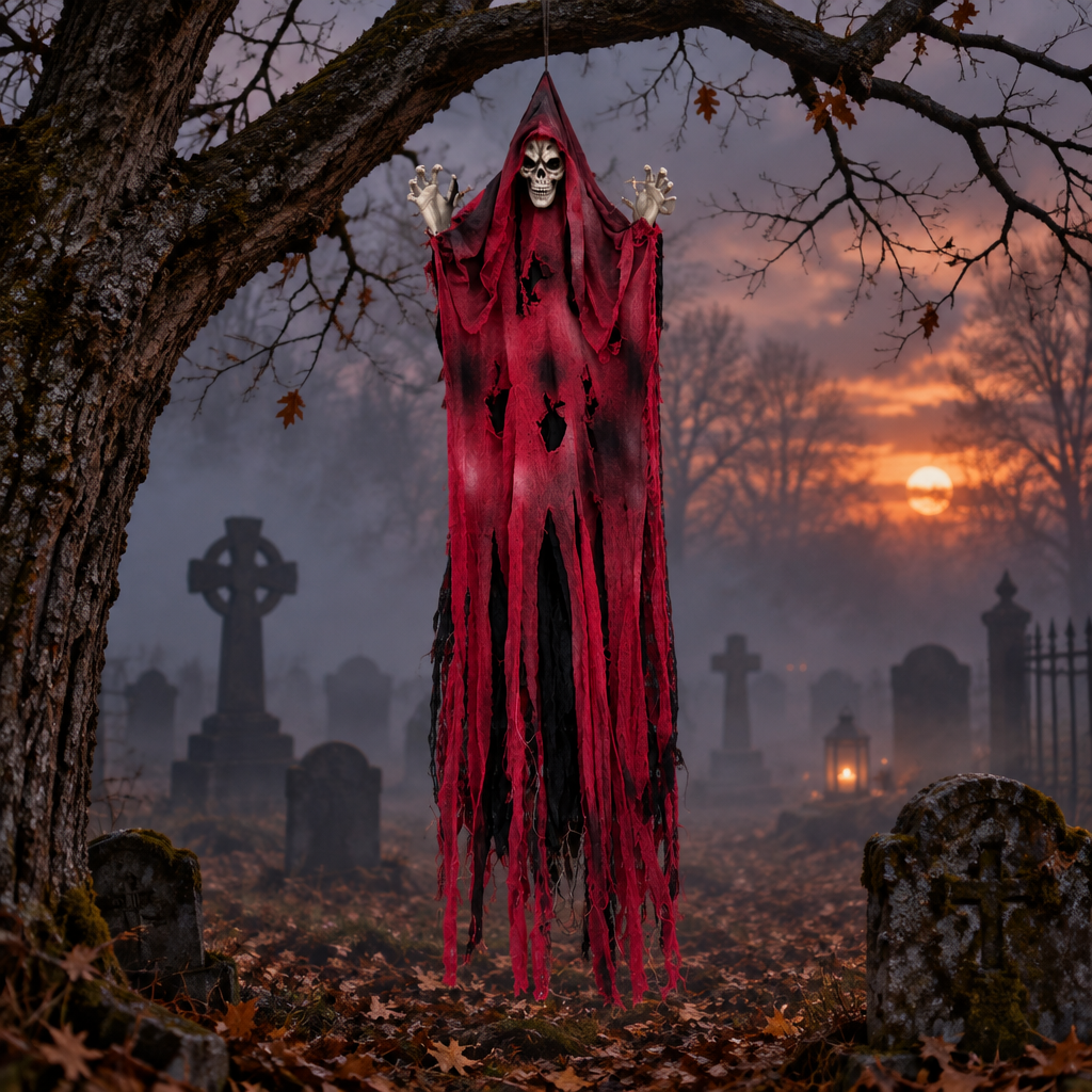 Lawnloiter hanging reaper prop suspended from a bare tree branch in a foggy Halloween graveyard scene