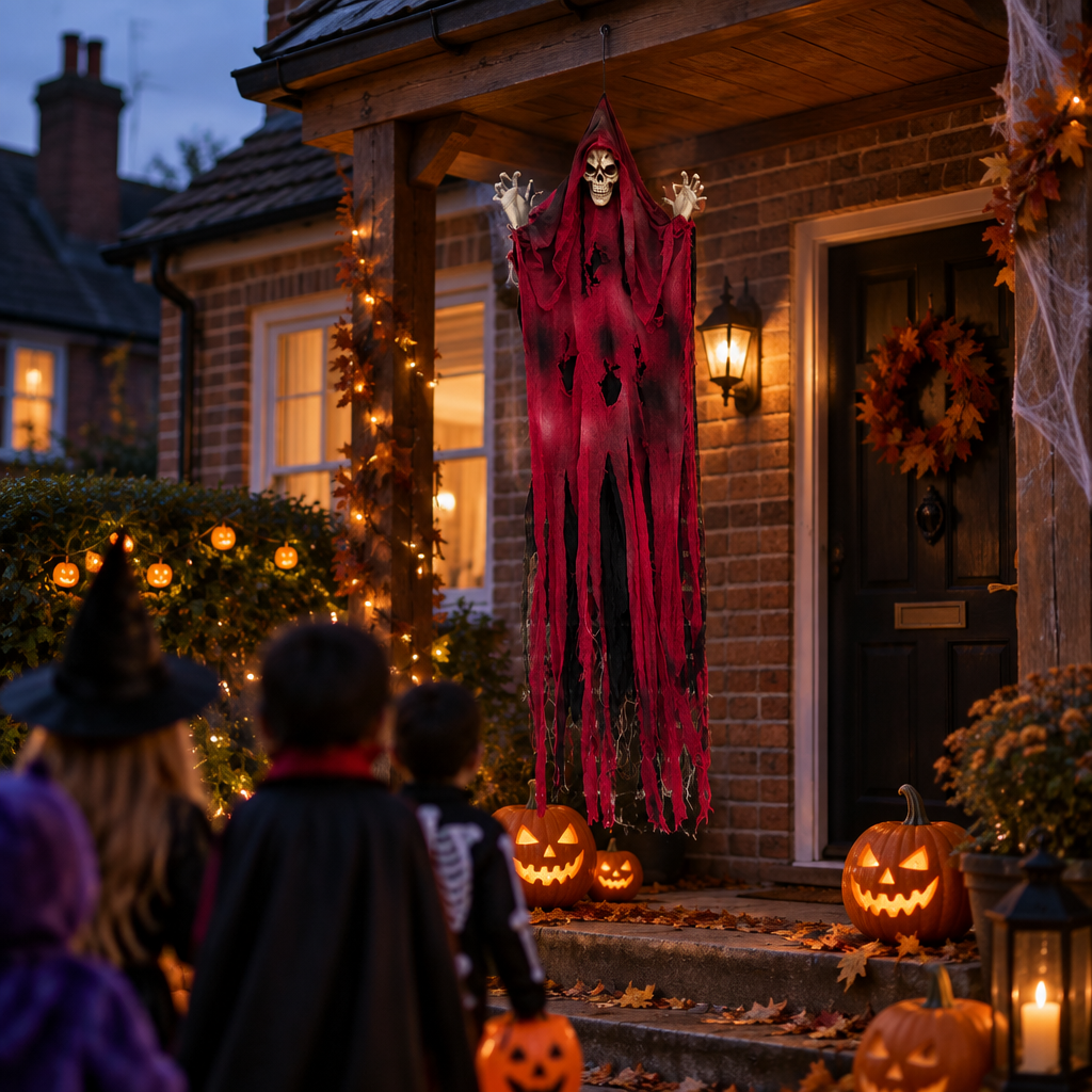 Lawnloiter hanging reaper prop looming over a porch entrance as trick-or-treaters approach a British Halloween house