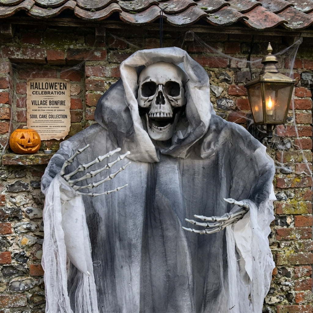 Lawnloiter hanging reaper prop close-up against a brick village wall with a Halloween village bonfire poster