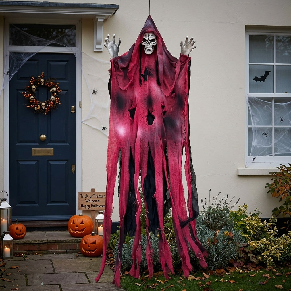 Lawnloiter Red Reaper hanging prop by a front door with a skull wreath and jack-o-lanterns
