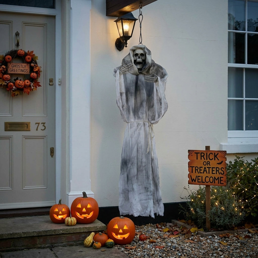 Lawnloiter White Reaper hanging prop on a porch with a Trick or Treaters Welcome sign and pumpkins