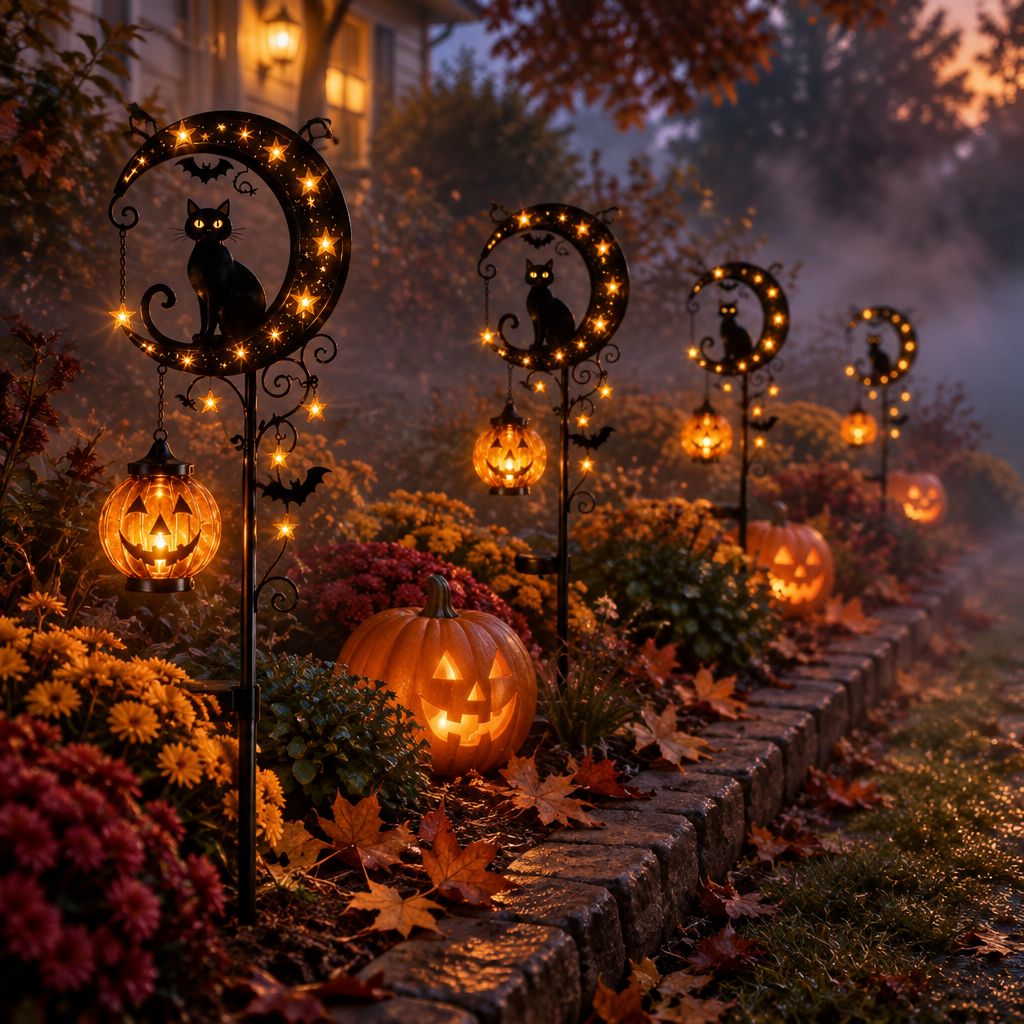 Multiple Lawnlurk solar black cat and pumpkin moon stake lights lining a foggy garden flower bed at dusk