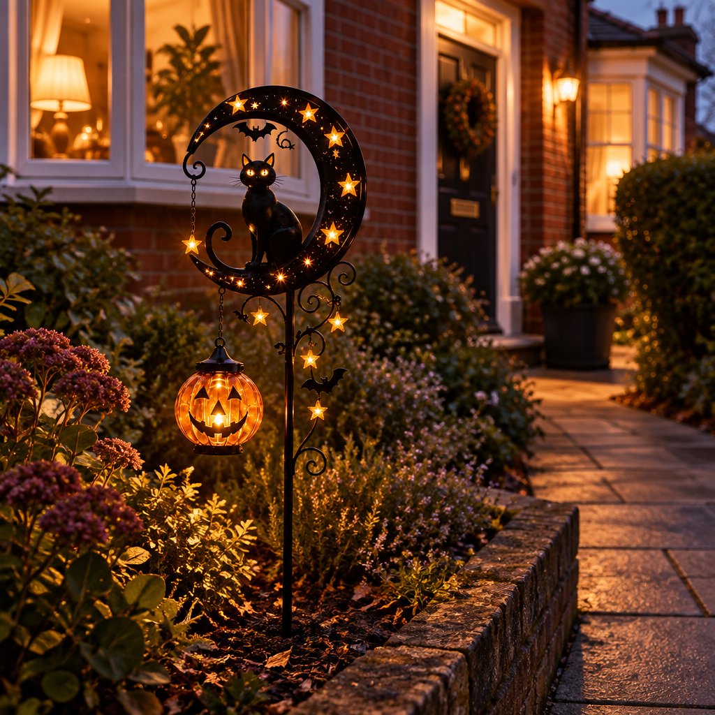 Lawnlurk solar black cat and pumpkin moon stake light glowing in a front garden border of a British house at dusk