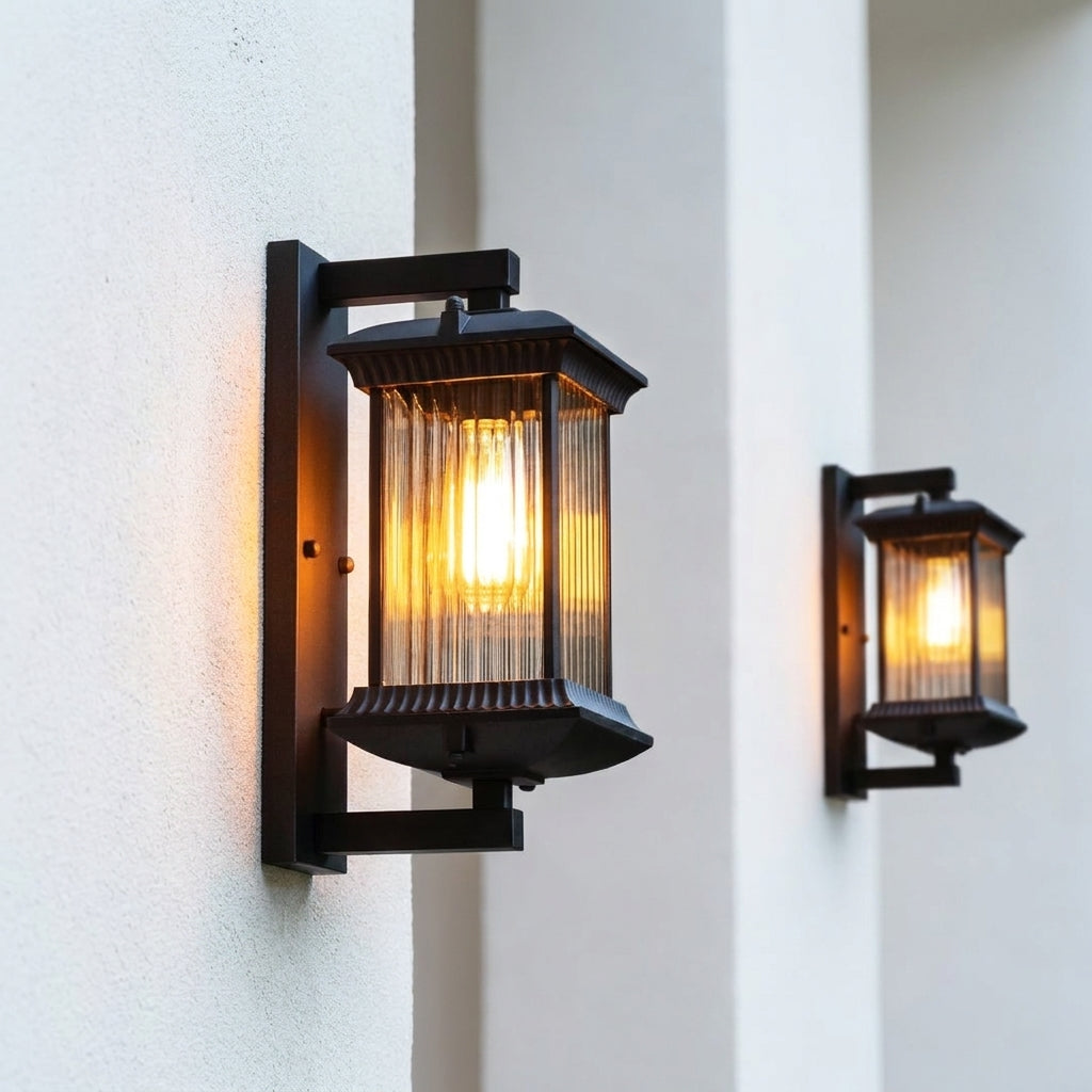 Lepzo outdoor fluted glass wall light, exterior installation photo 1