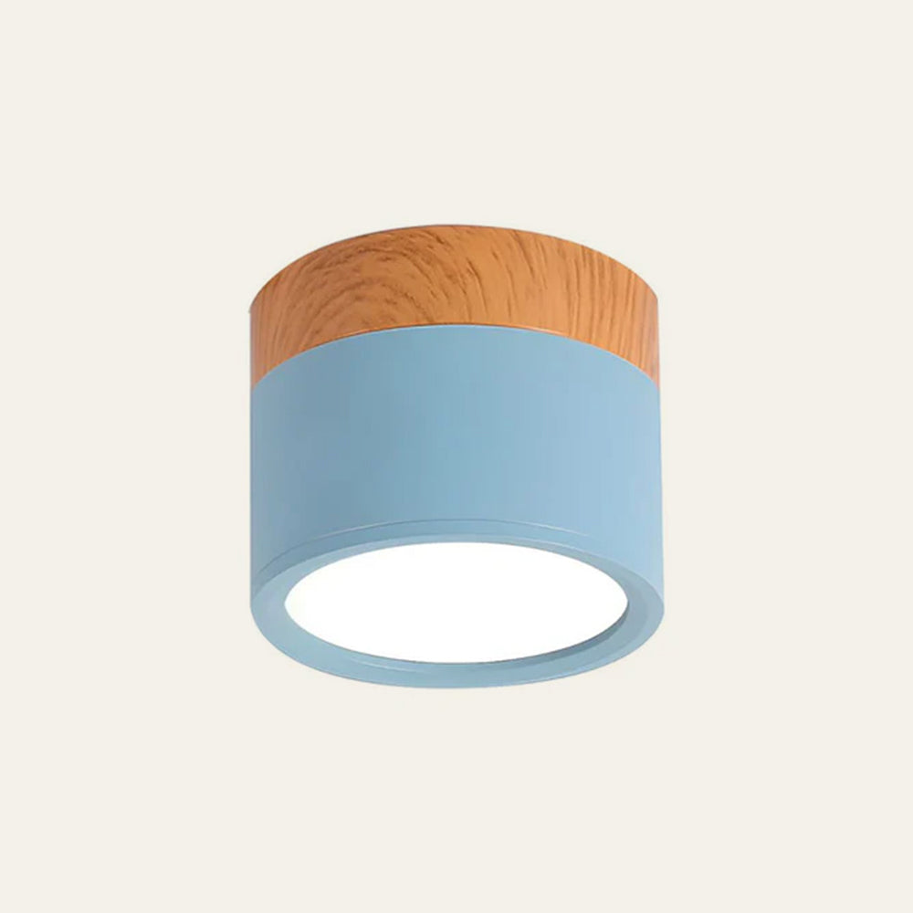 Light blue aluminium cylinder flush mount downlight with wood-effect trim