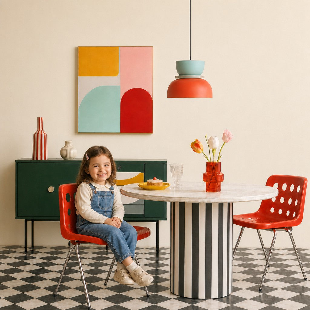 Light blue and orange colour block pendant illuminating a colourful, playful dining space
