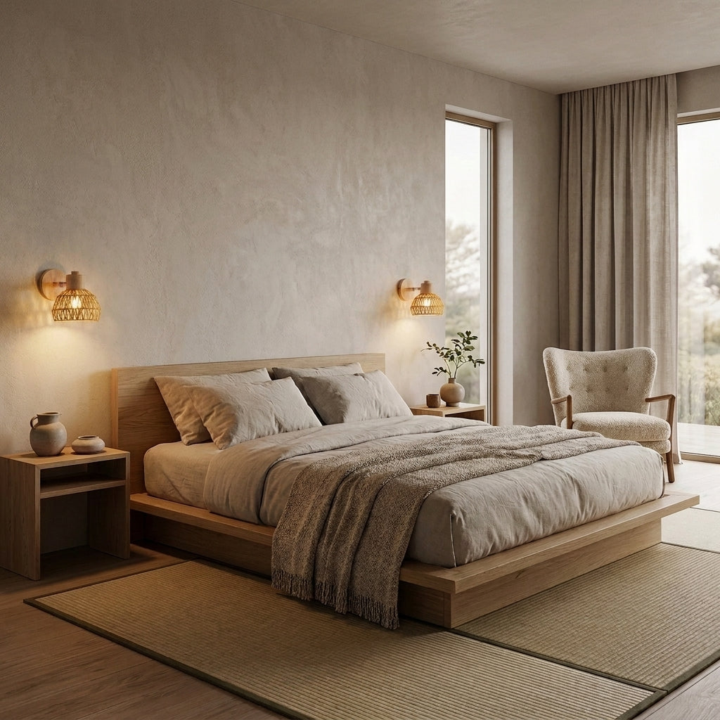 Limzo rattan wall sconce lit beside a bed in a beige bedroom with curtains