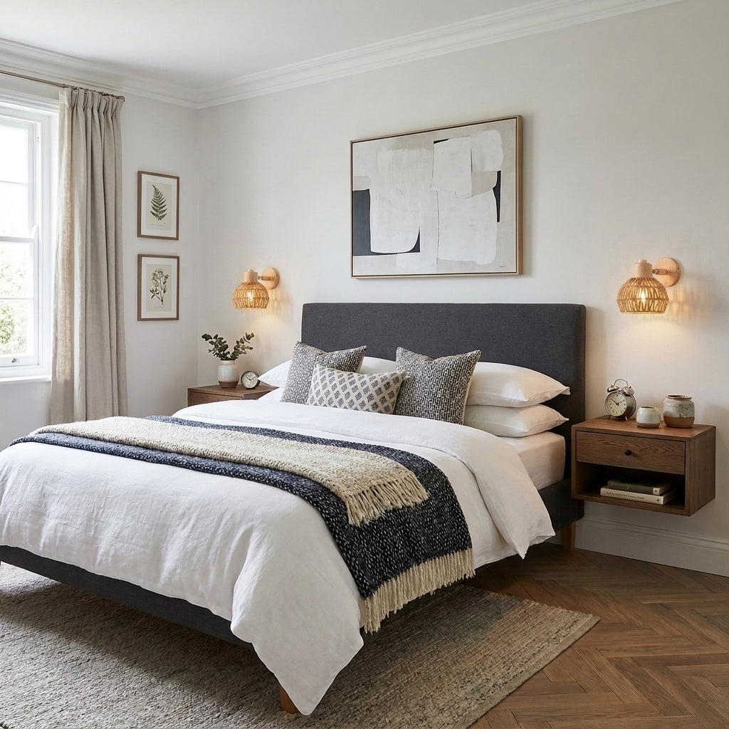 Limzo rattan wall sconce lit above a bed with grey headboard and white bedding