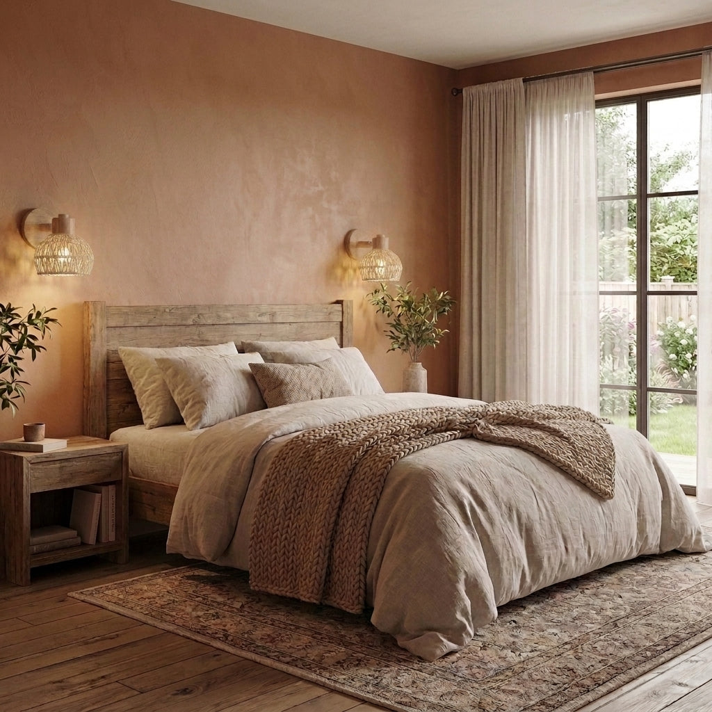 Limzo rattan wall sconce lit beside a bed in a warm-toned bedroom