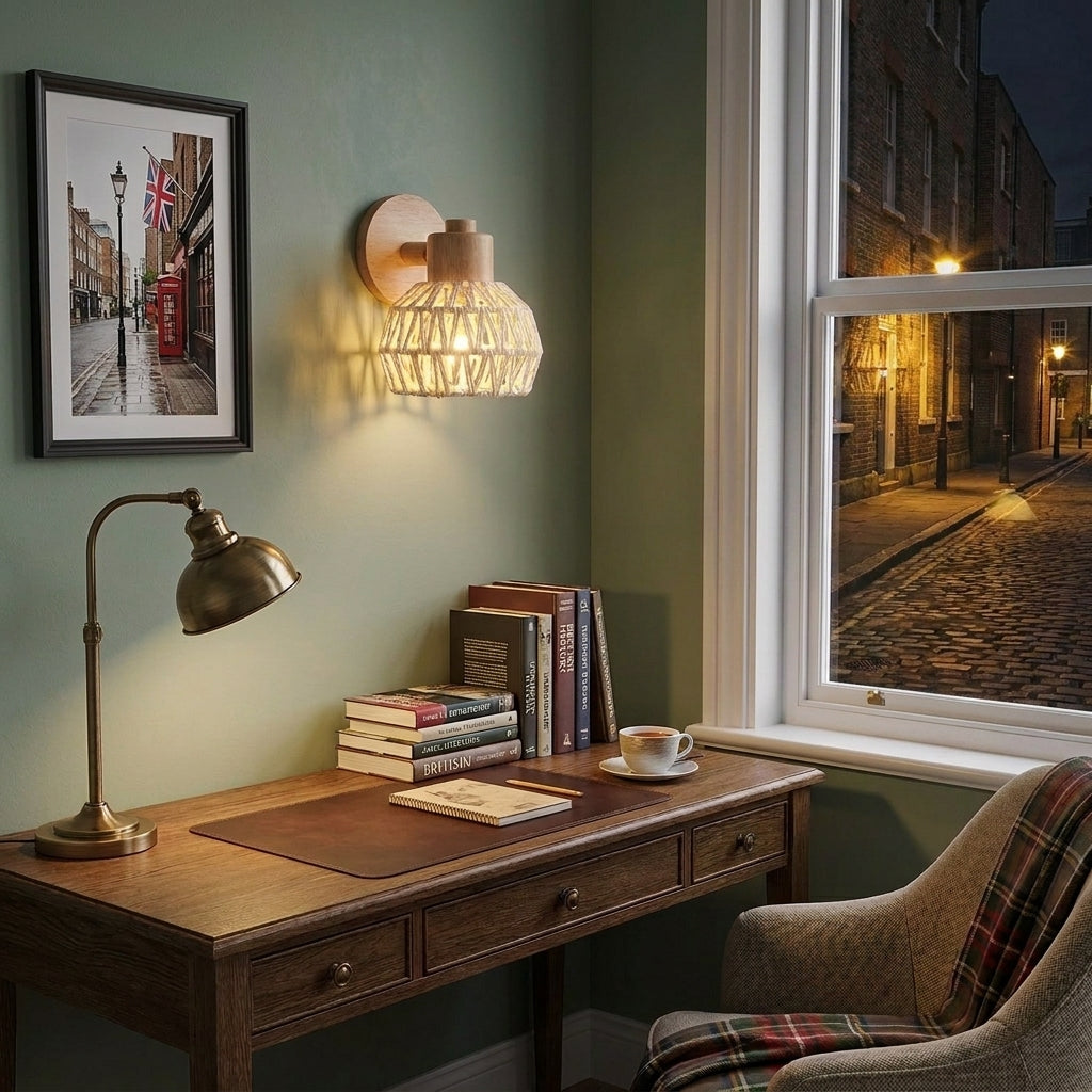 Limzo rattan wall sconce lit above a desk in a green-walled home office
