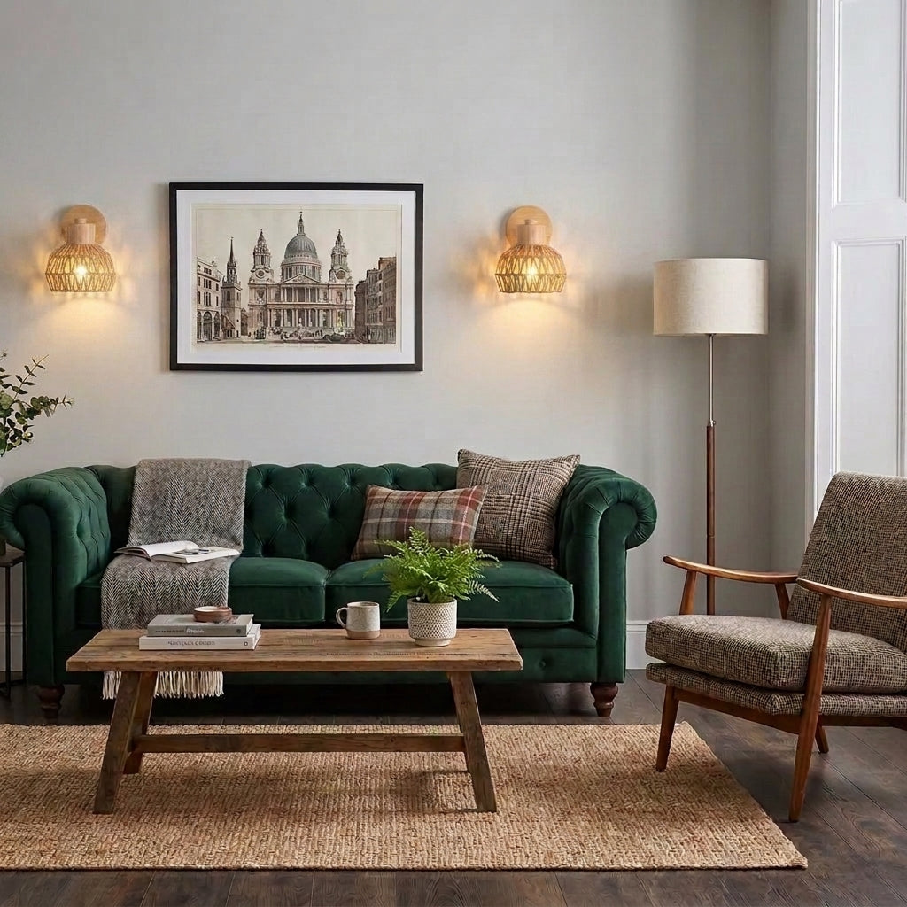 Limzo rattan wall sconce lit above a dark green sofa in a living room
