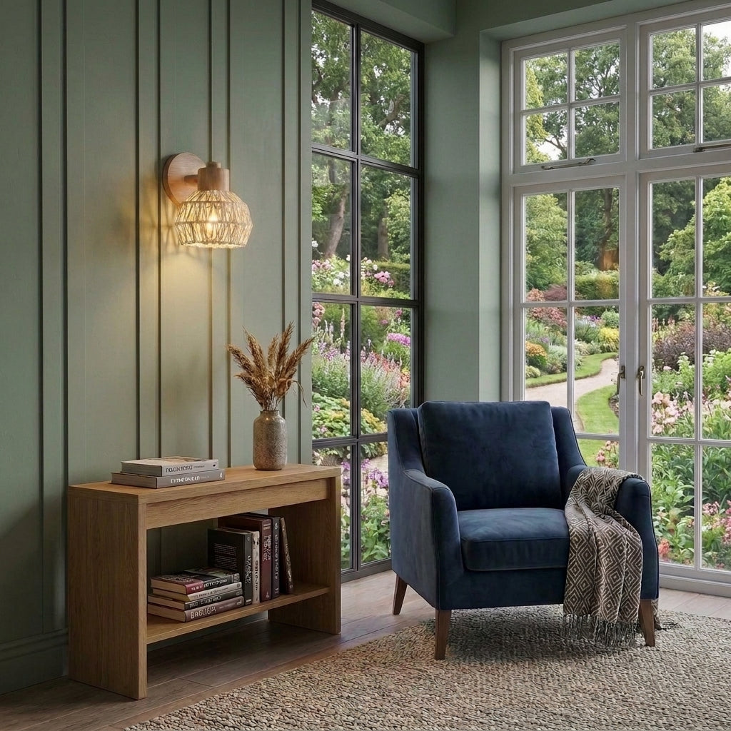 Limzo rattan wall sconce lit in a green-walled sunroom with plants and windows