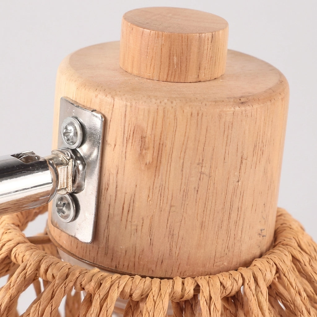 Close-up of the rotating wood shade holder and chrome joint on the Limzo wall sconce