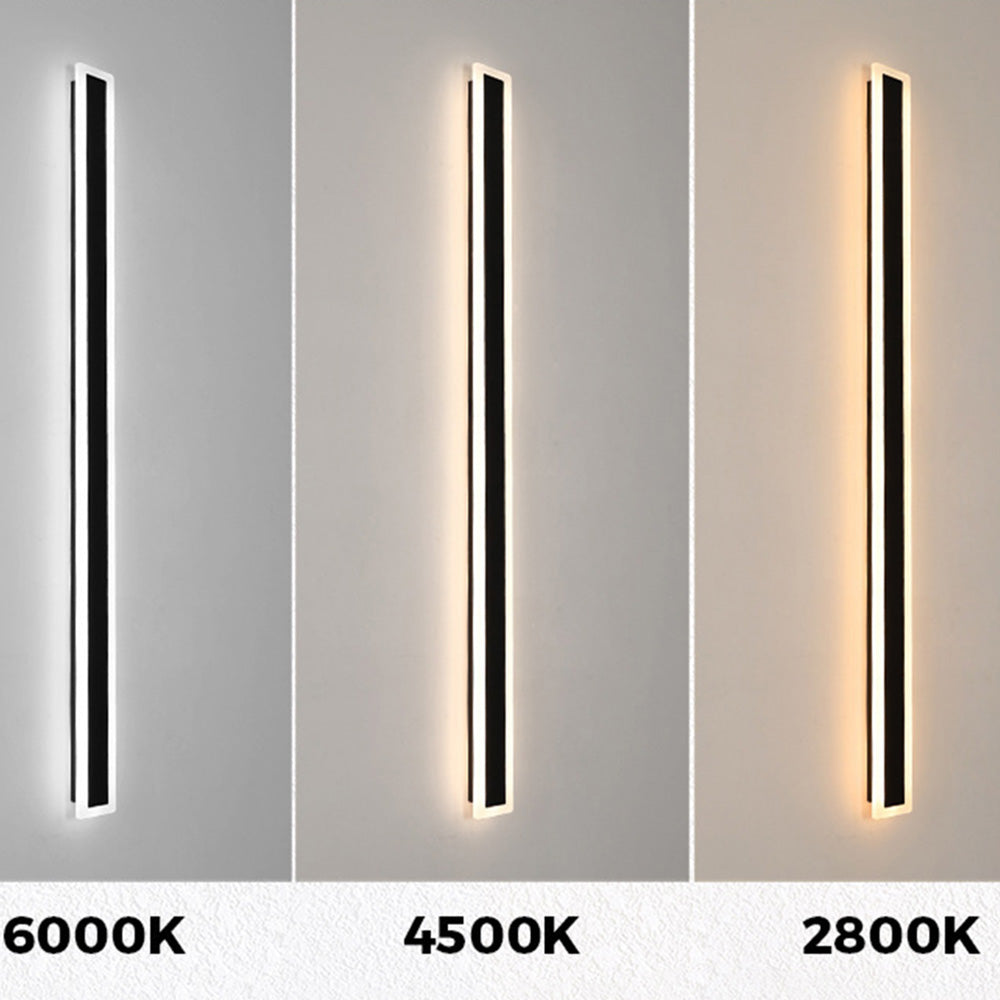 Three long LED wall lights demonstrating cool white, neutral white, and warm white colour temperatures