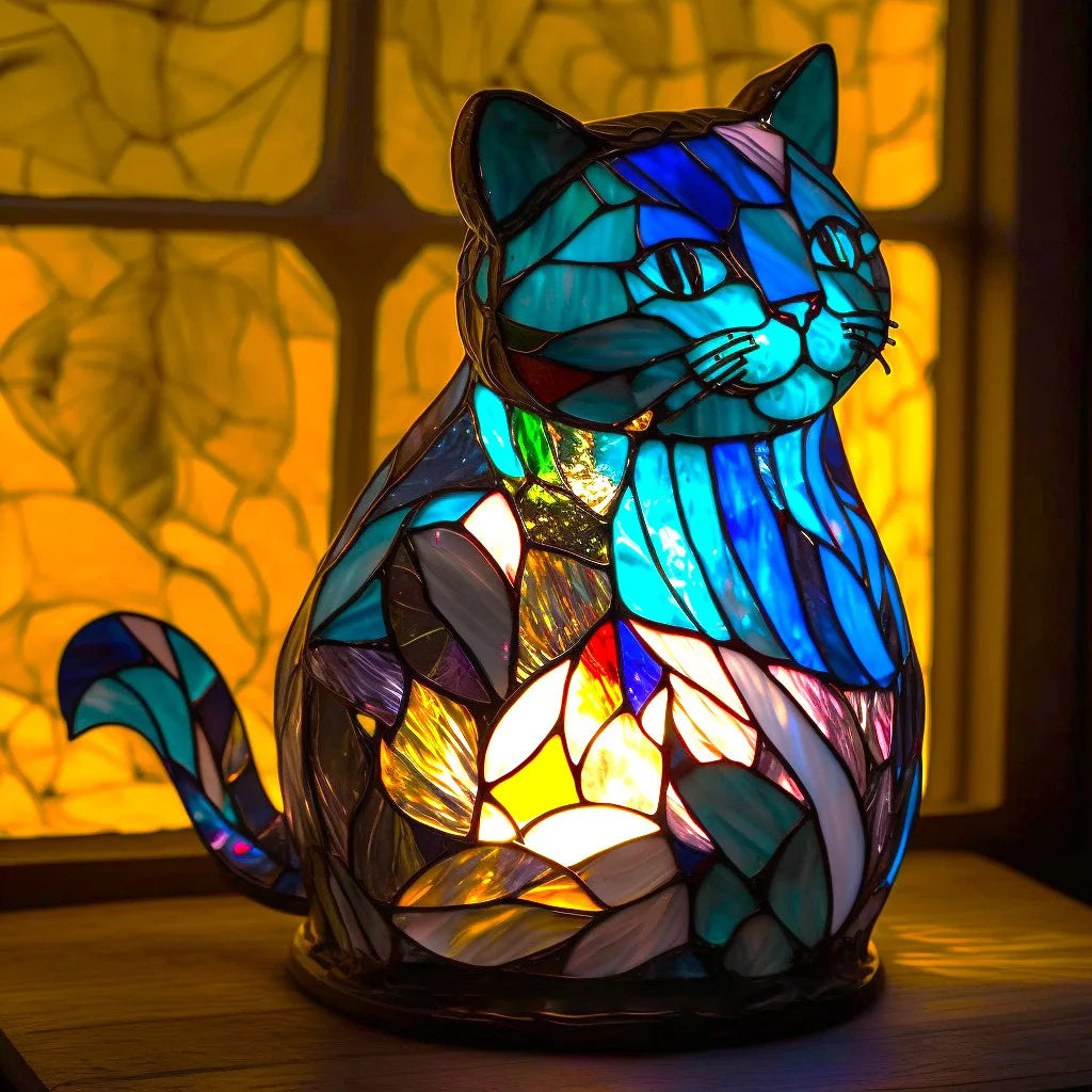 Blue stained glass effect lopi cat lamp sitting in front of a warm window