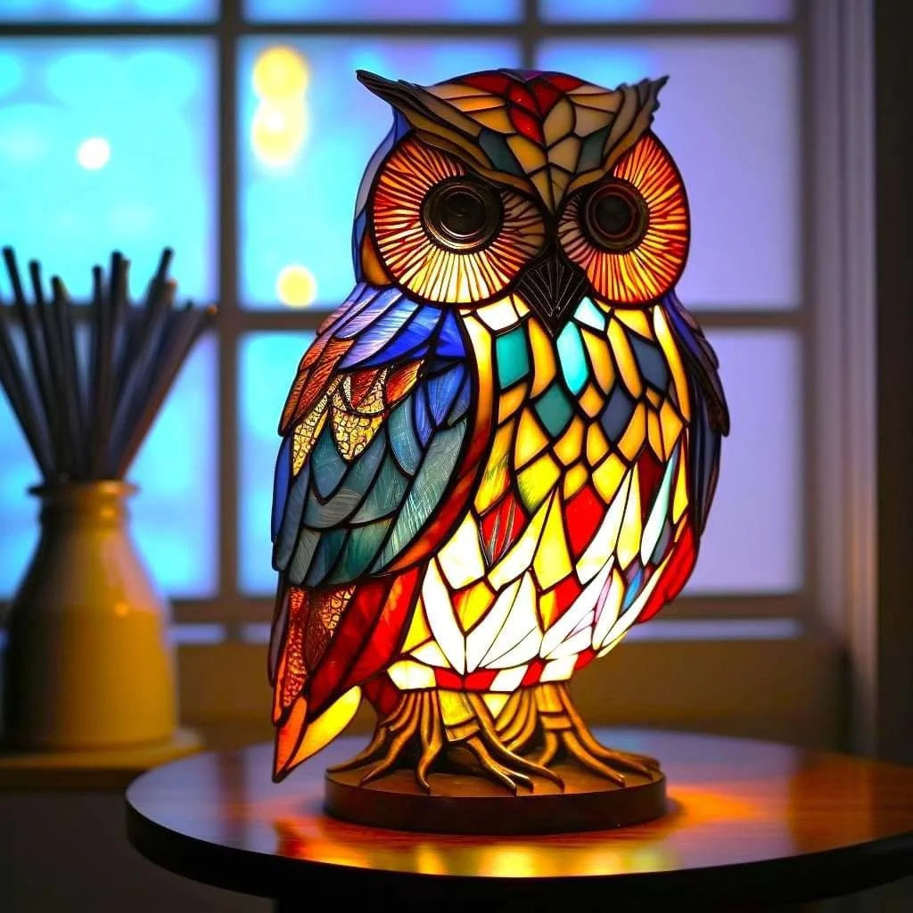Colourful lopi owl resin desk light adding a whimsical, vintage touch to a room