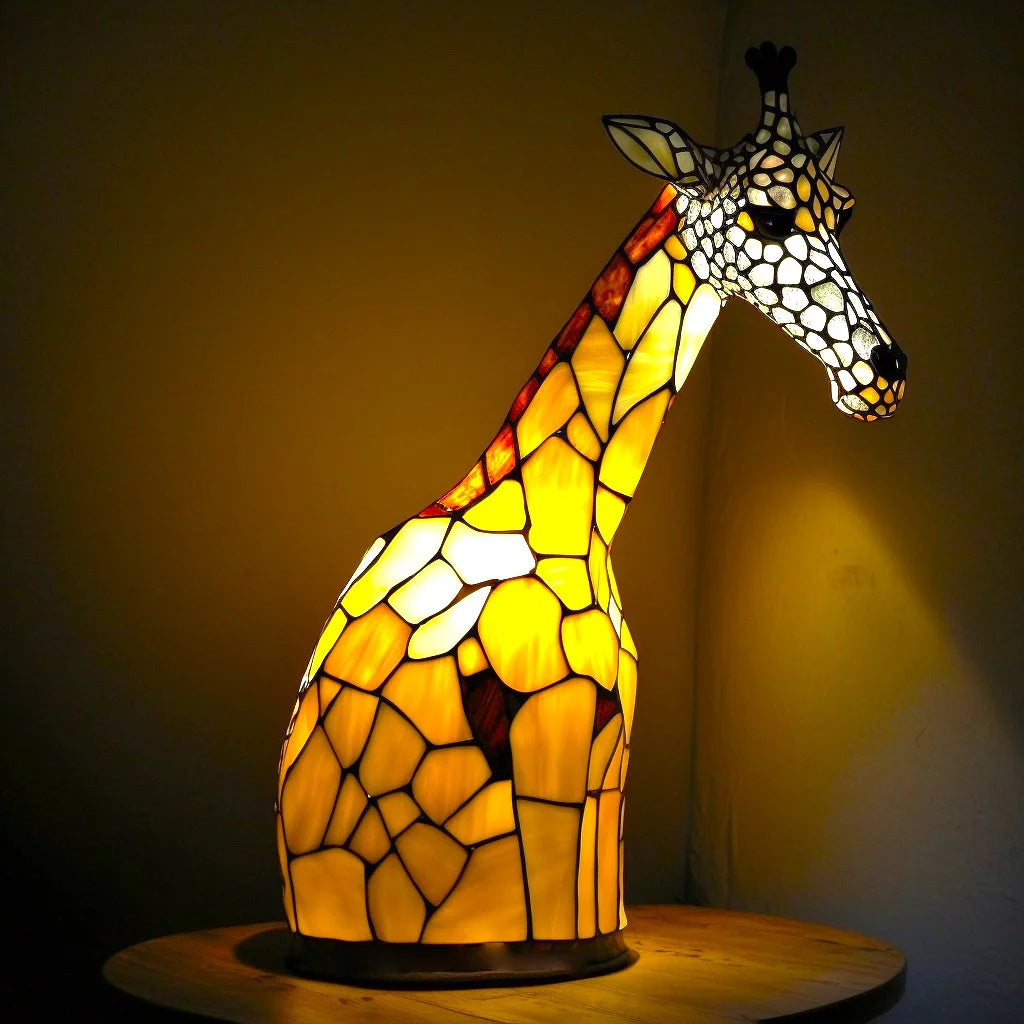 Stained glass effect lopi giraffe lamp glowing with warm yellow and orange tones