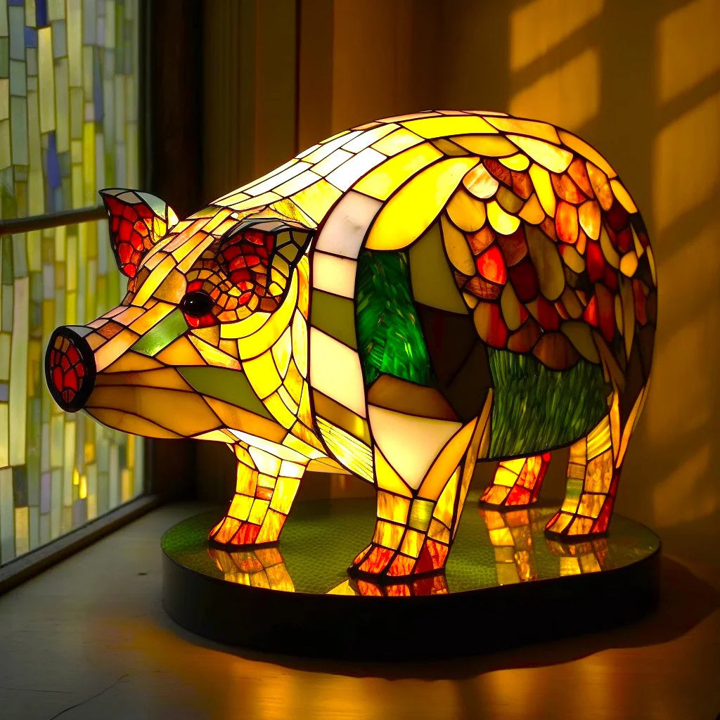Stained glass effect pig lopi desk lamp casting a warm multicoloured glow