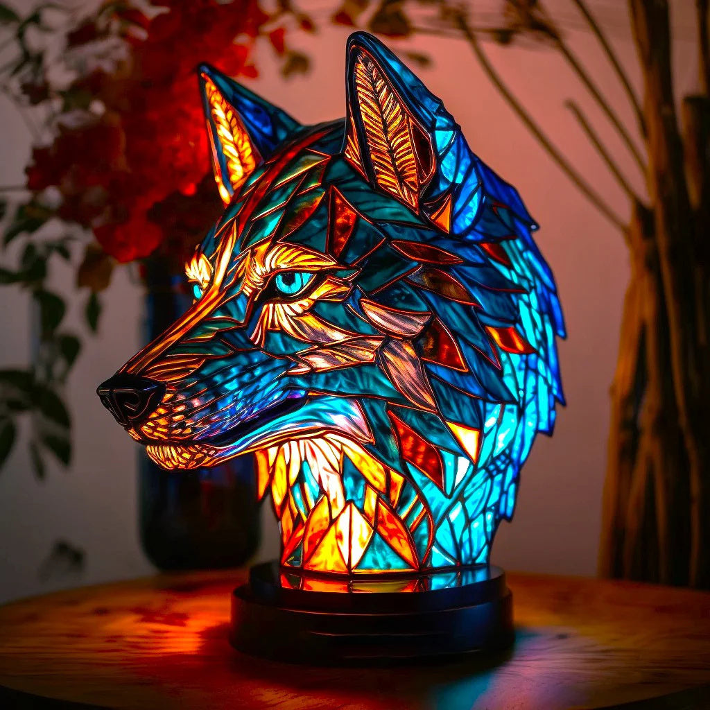 Stained glass effect lopi wolf table lamp glowing with vibrant blue and orange light