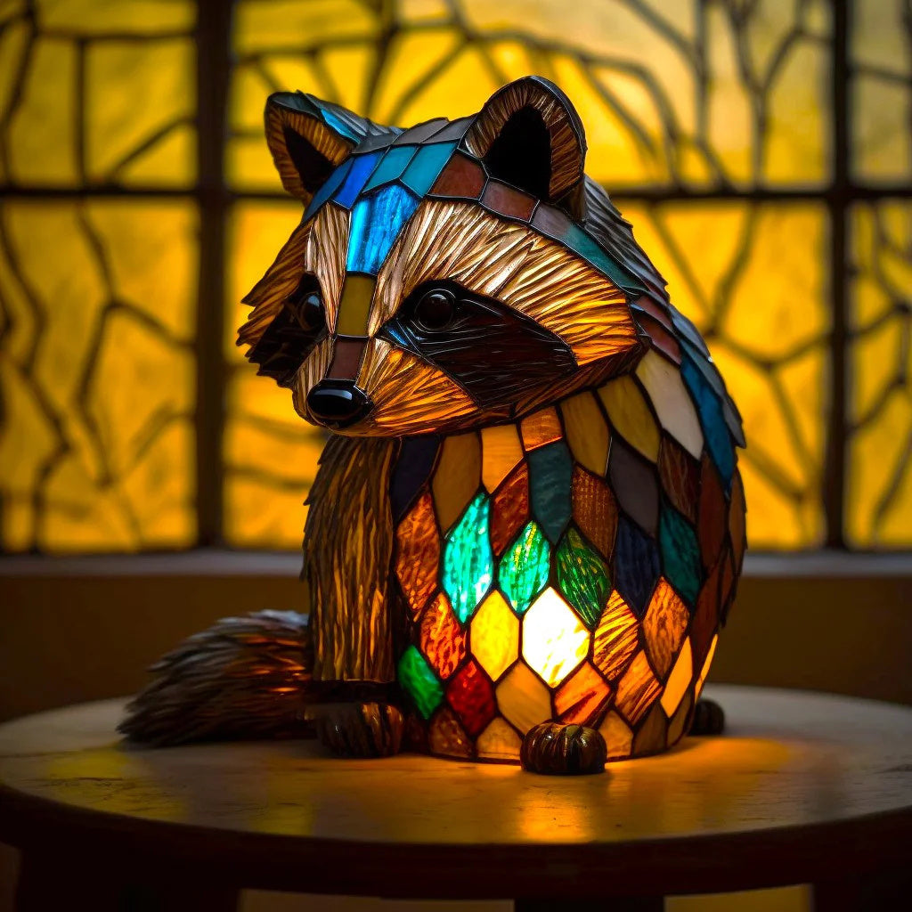 Illuminated stained glass effect lopi raccoon lamp in a dark, cosy room