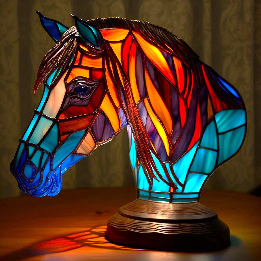 horse head lopi table lamp featuring intricate red and blue mosaic details