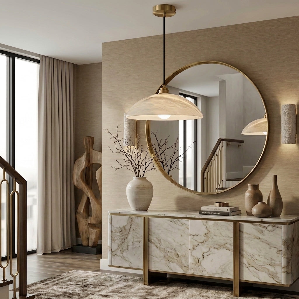 Loxpa marble pendant light above a hallway console table