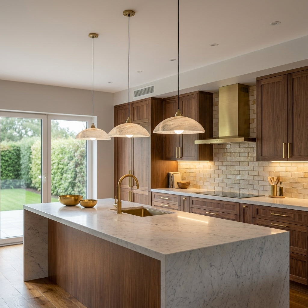 Loxpa marble pendant lights hanging above a kitchen island