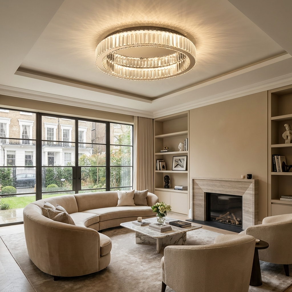 Large gold crystal ring luba chandelier installed in a minimalist living room interior