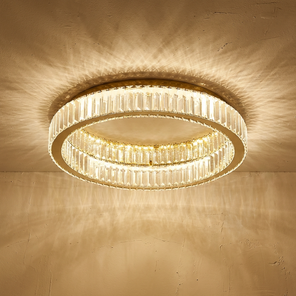 Modern gold crystal halo ring luba ceiling light casting intricate light patterns onto the ceiling