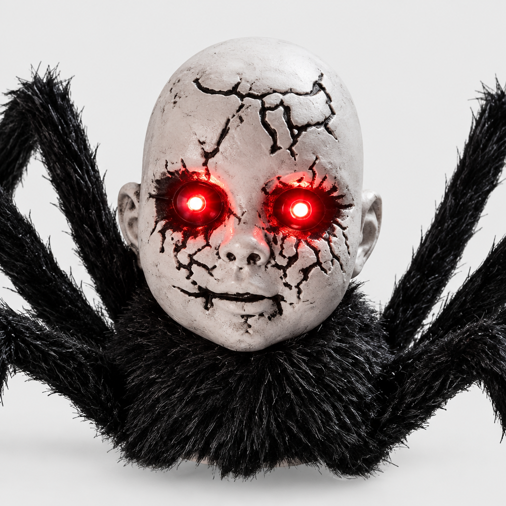 Close-up of Lurch's cracked doll-face head with glowing red eyes