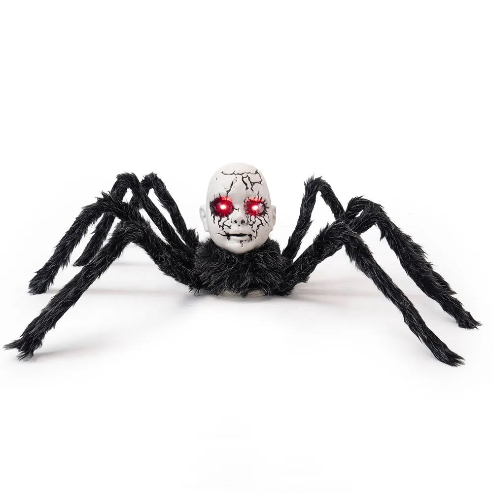 Lurch giant black furry spider prop with cracked doll-face head and glowing red eyes, studio hero shot