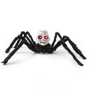 Lurch giant black furry spider prop with cracked doll-face head and glowing red eyes, studio hero shot