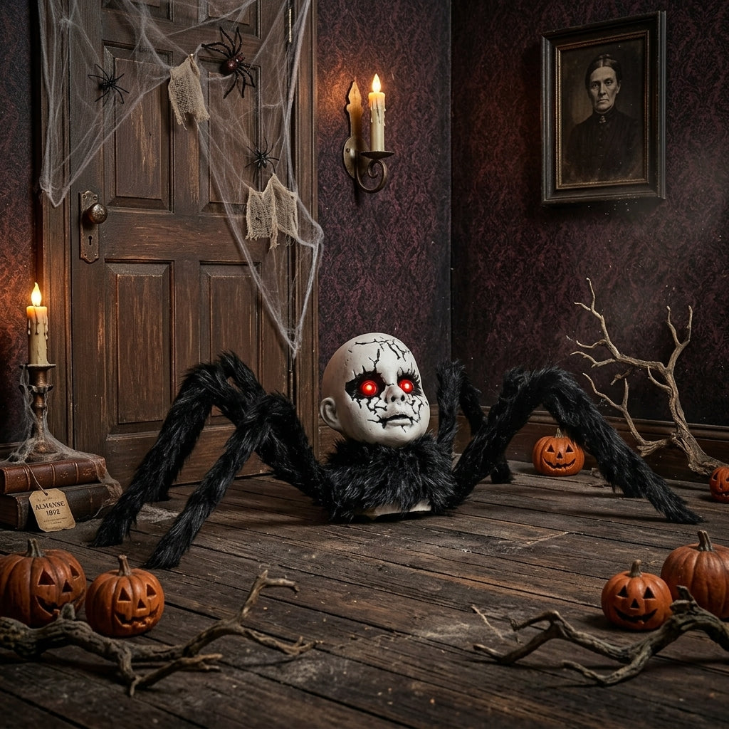 Lurch giant spider prop glowing in a haunted house entryway with candles, a portrait and pumpkins
