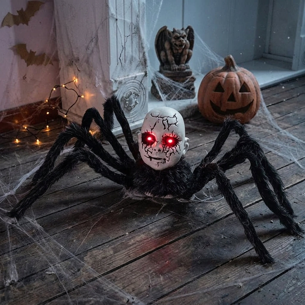 Lurch giant spider prop with glowing red eyes on a haunted wooden floor with cobwebs, string lights and a jack-o'-lantern