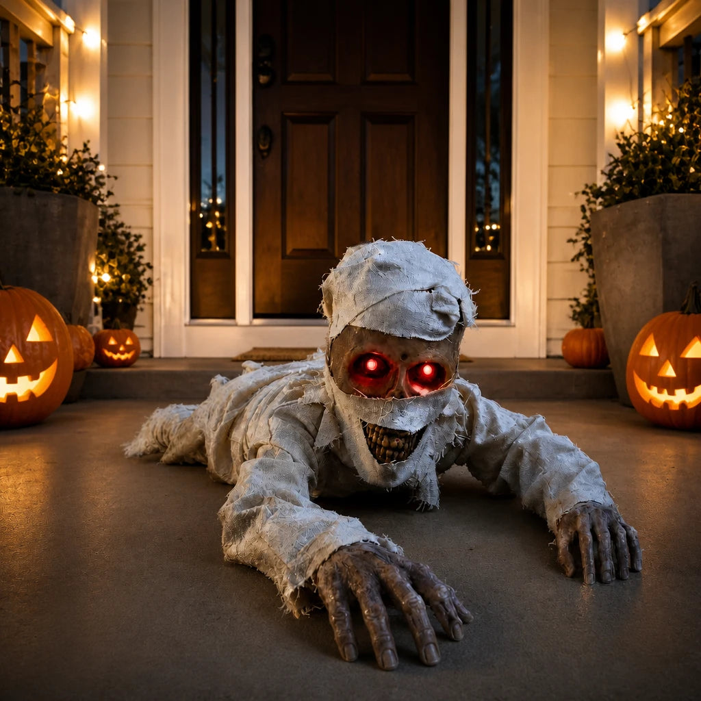 Lurcher crawling mummy prop crawling towards a modern British front door with carved pumpkins and string lights