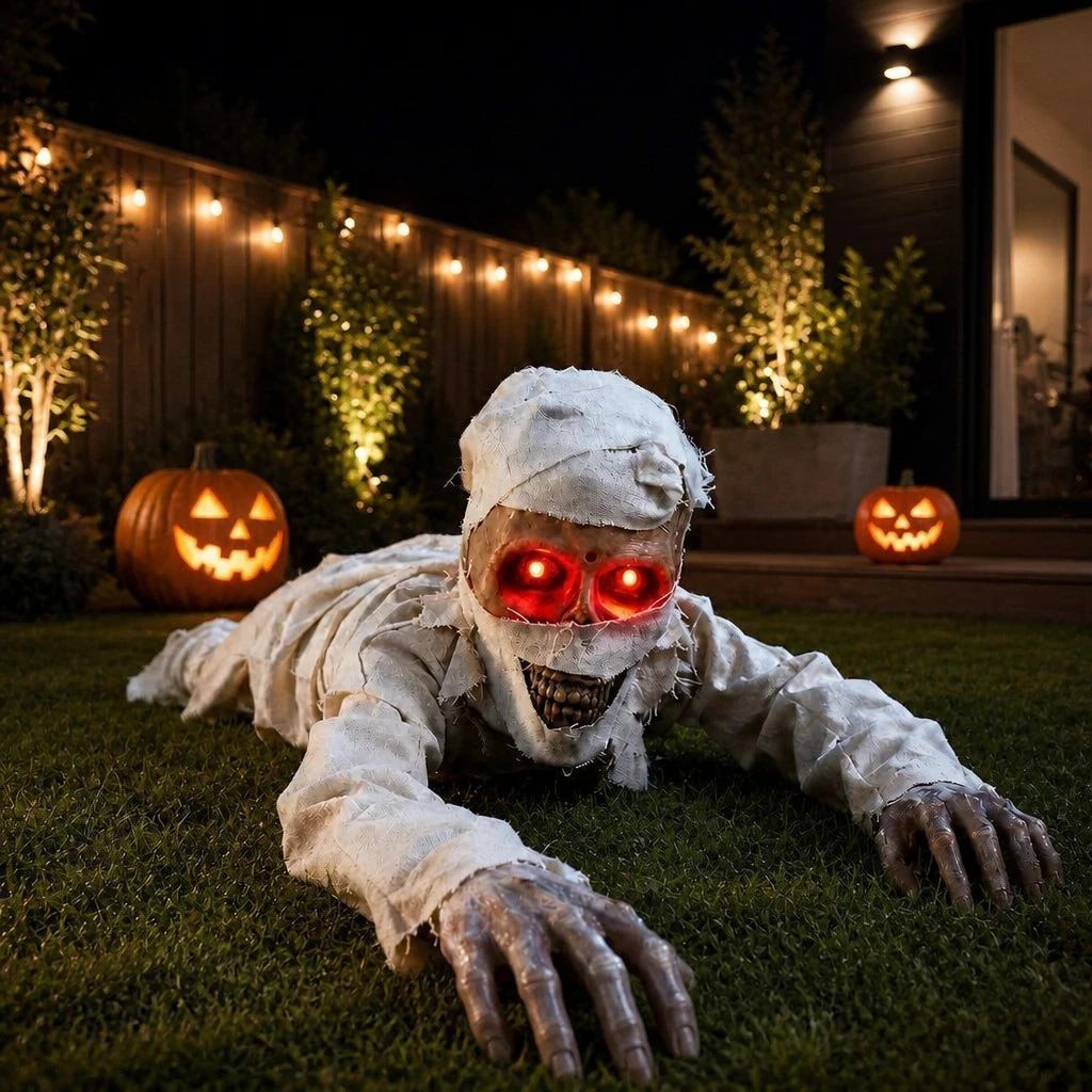 Lurcher crawling mummy prop crawling across a modern British garden lawn at night with string lights and carved pumpkins