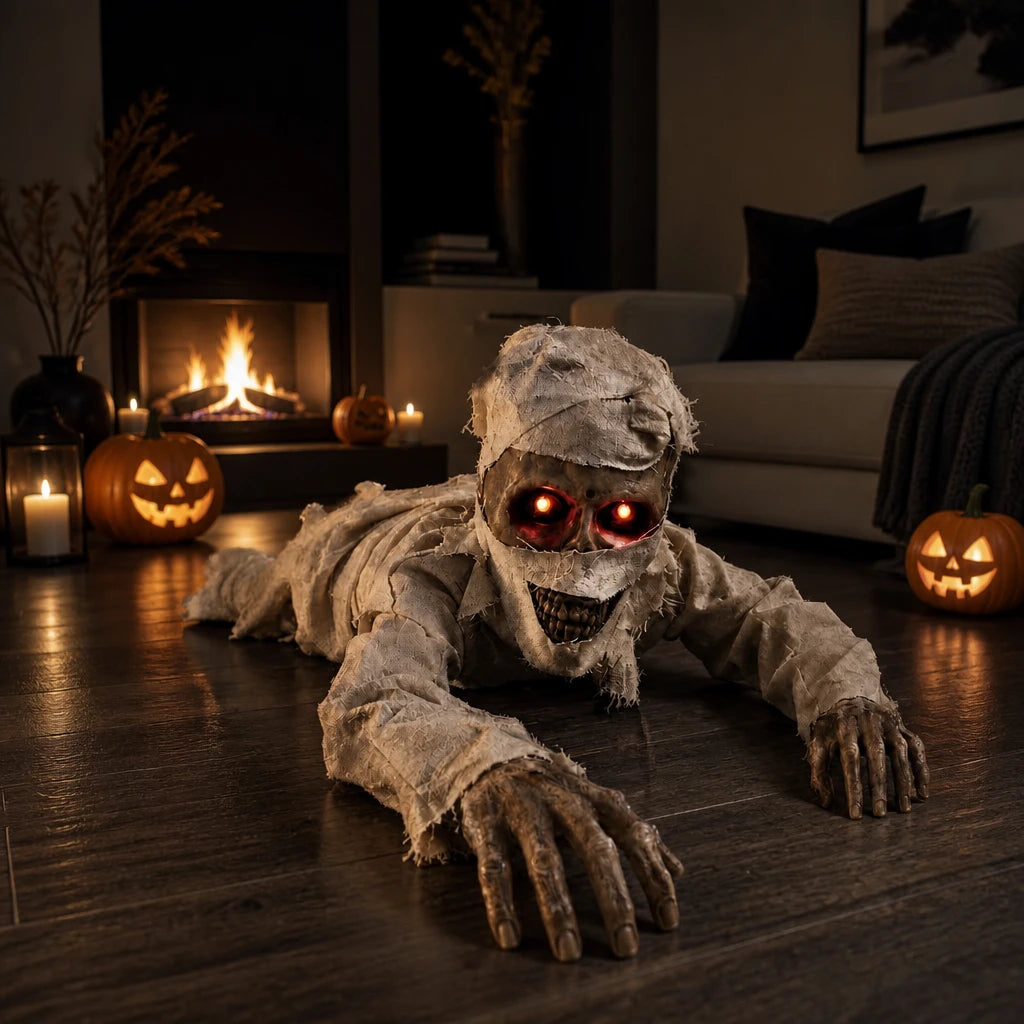 Lurcher crawling mummy prop on the floor of a modern British living room with a lit fireplace and carved pumpkins