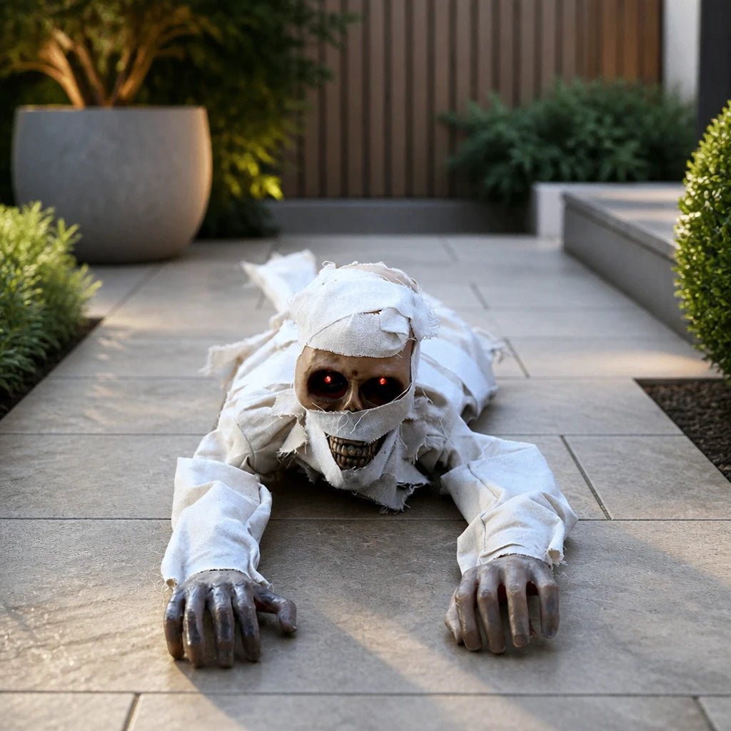Lurcher crawling mummy prop crawling across a modern British garden patio