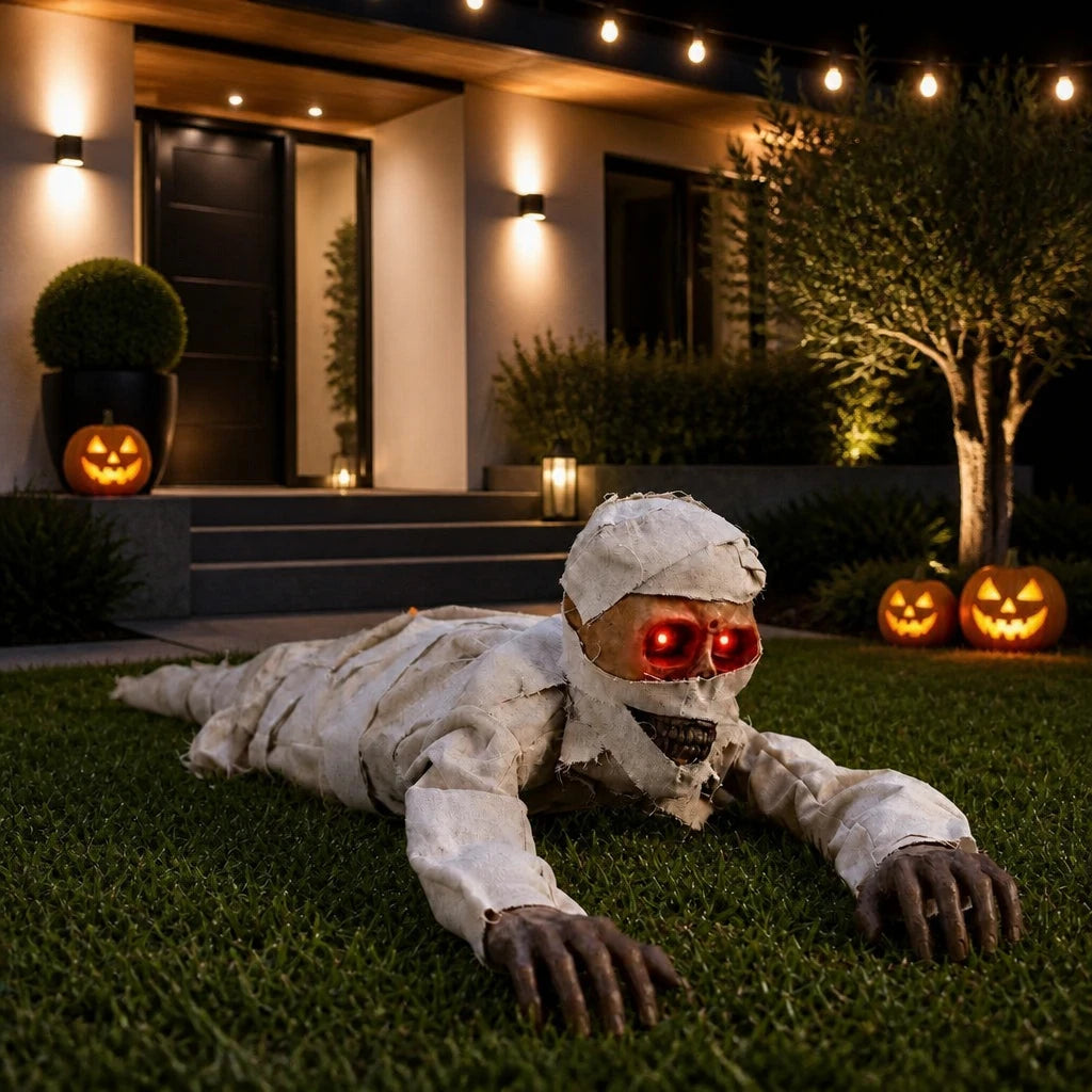 Lurcher crawling mummy prop crawling across a modern British front porch at night with carved pumpkins
