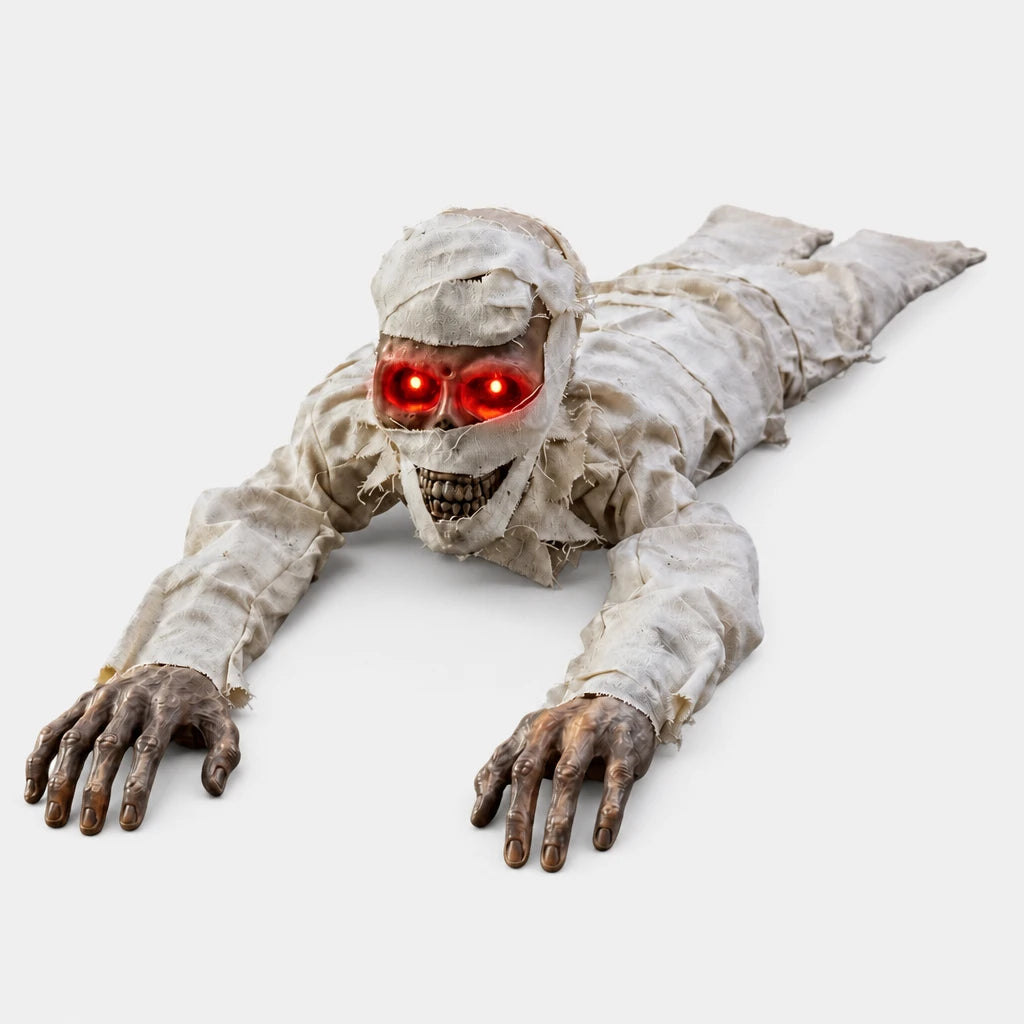 Lurcher crawling mummy prop on a plain white studio background