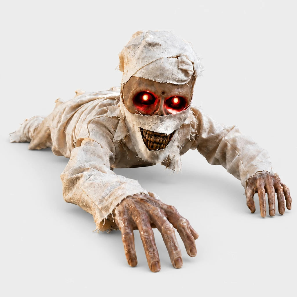 Close-up of Lurcher crawling mummy prop on a plain white studio background