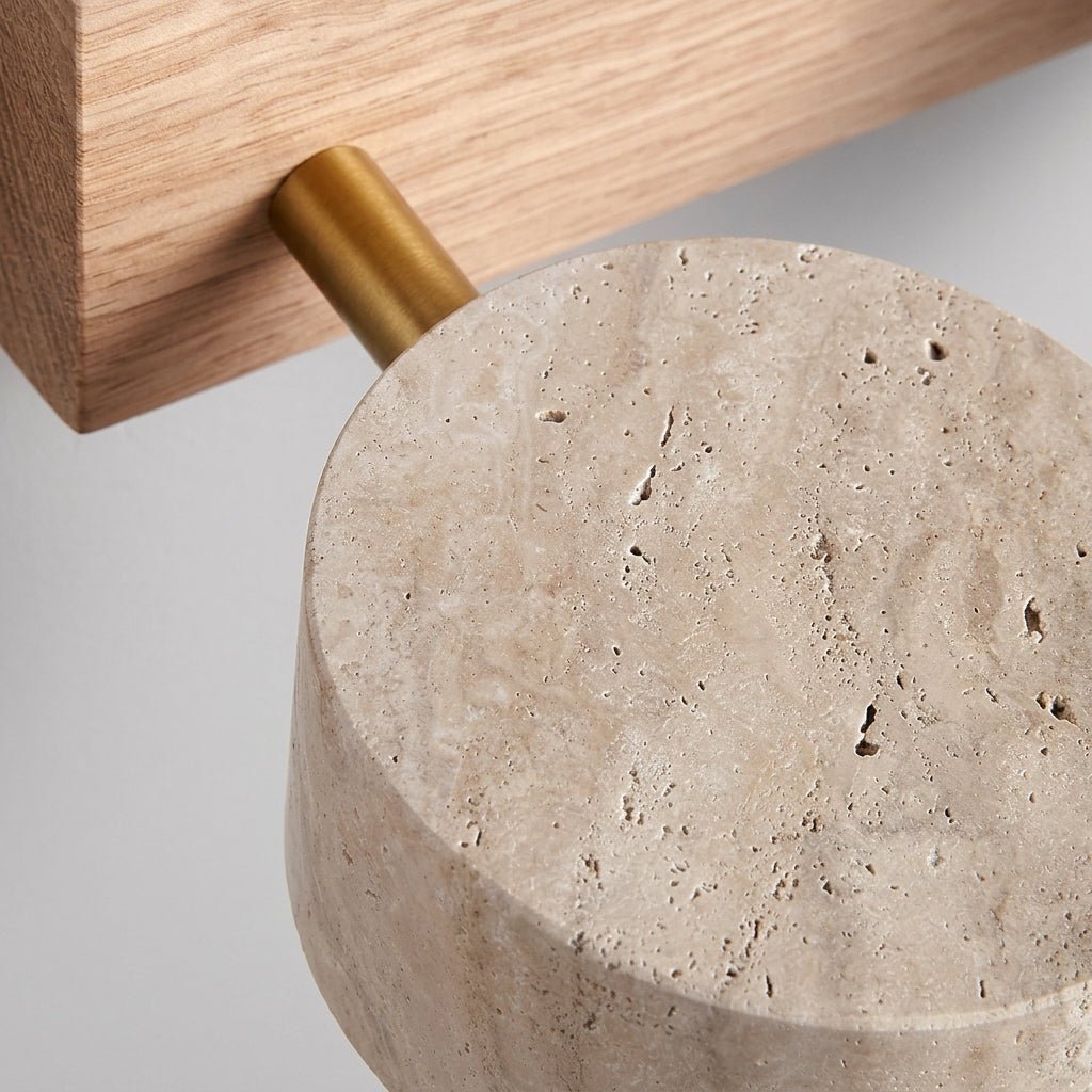 Luvqi travertine stone head close-up showing the pivot joint on the wood bar