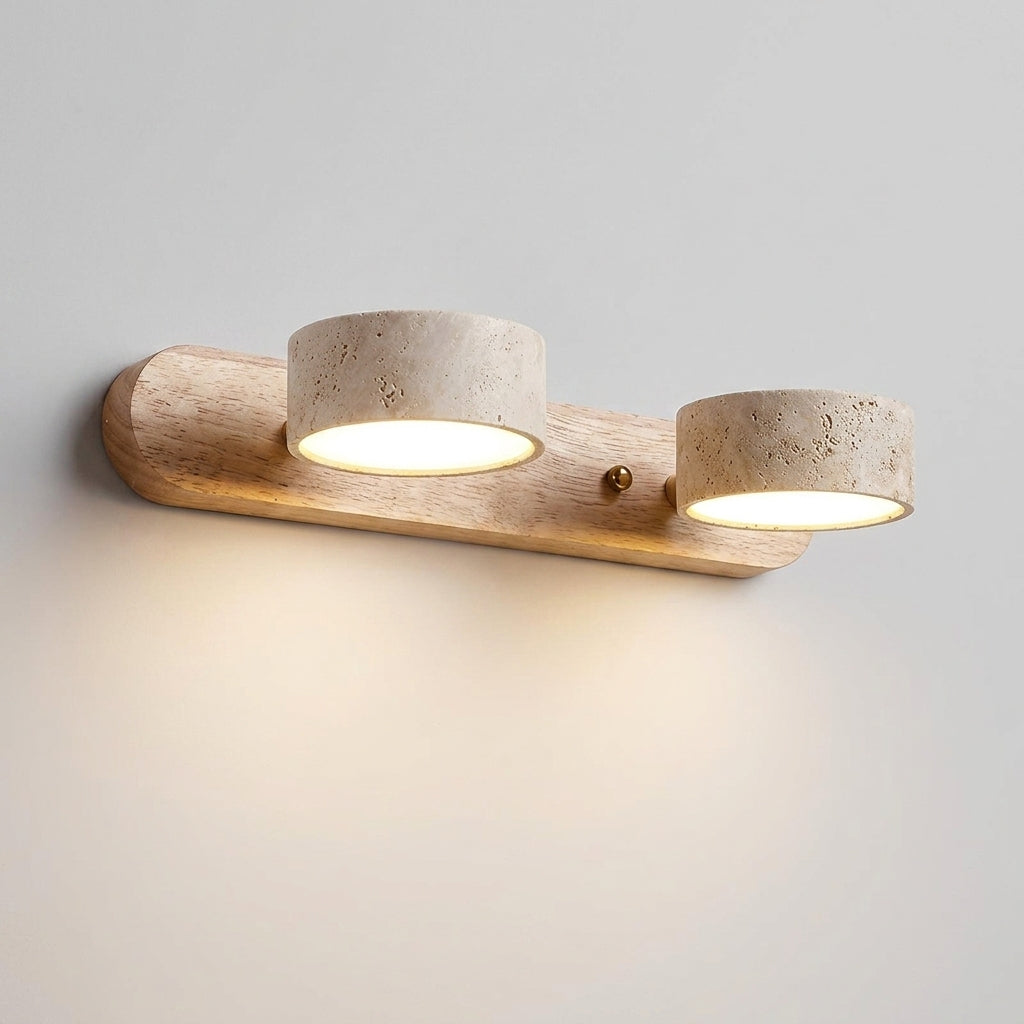 Luvqi 2-head travertine and natural oak wall light, angled hero view, lit