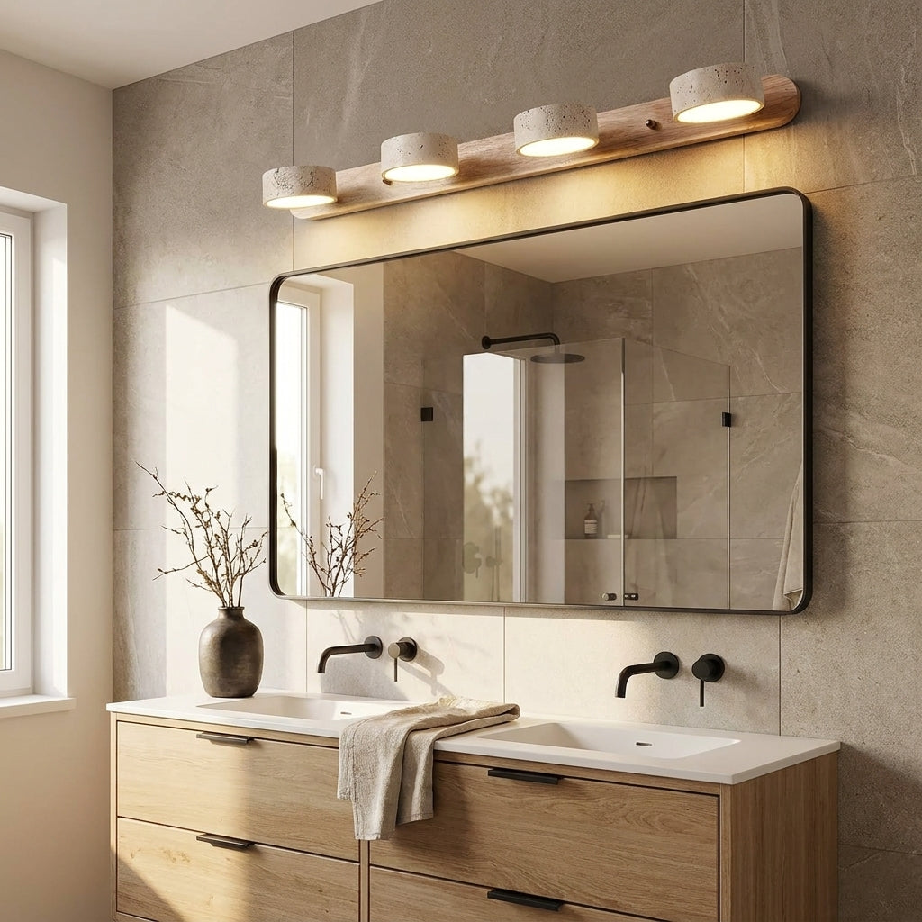 Luvqi travertine wall light mounted above a rectangular mirror in a bathroom with double sinks