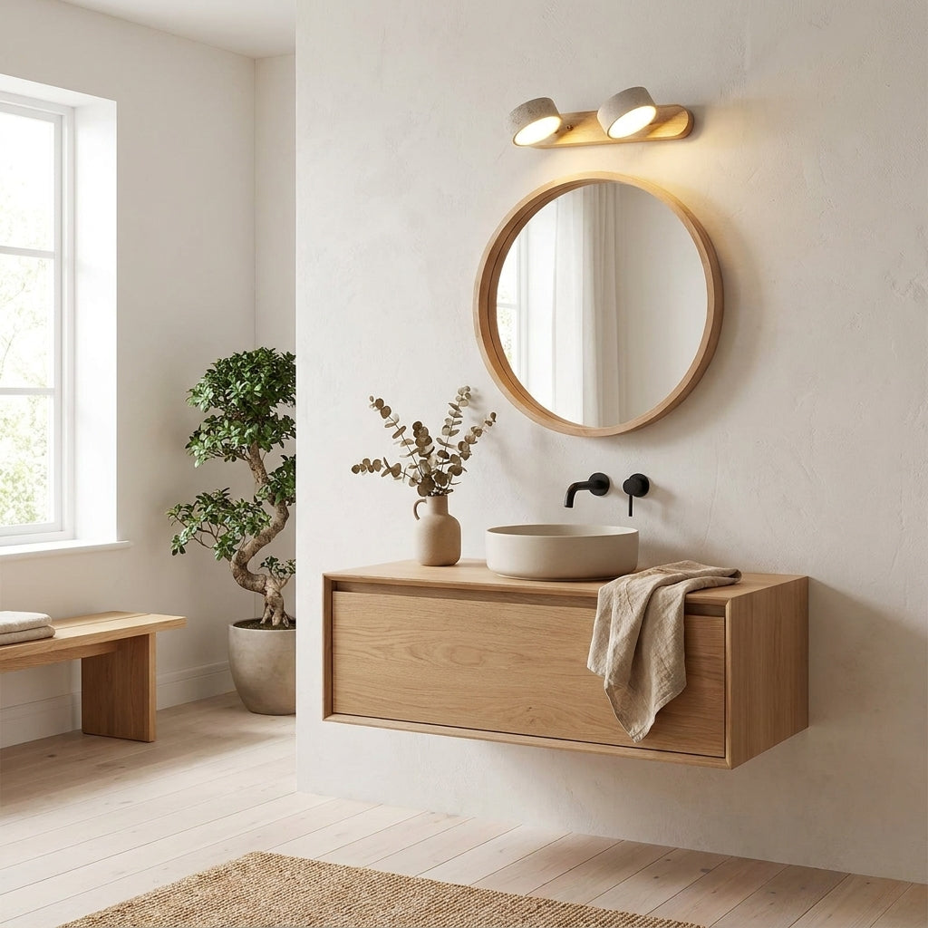 Luvqi travertine wall light in natural oak mounted above a round mirror with plants