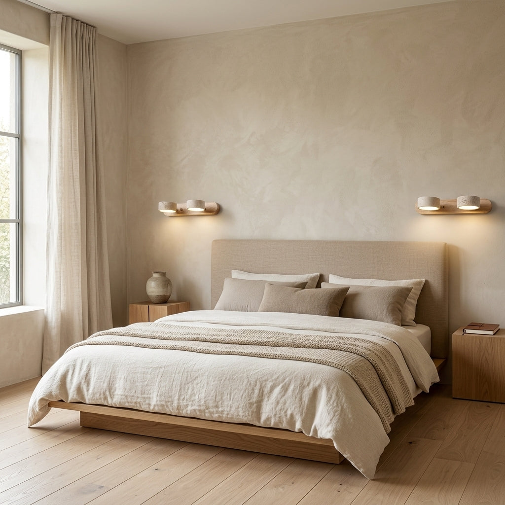 Luvqi travertine wall light in oak wood mounted above a bed in a bedroom