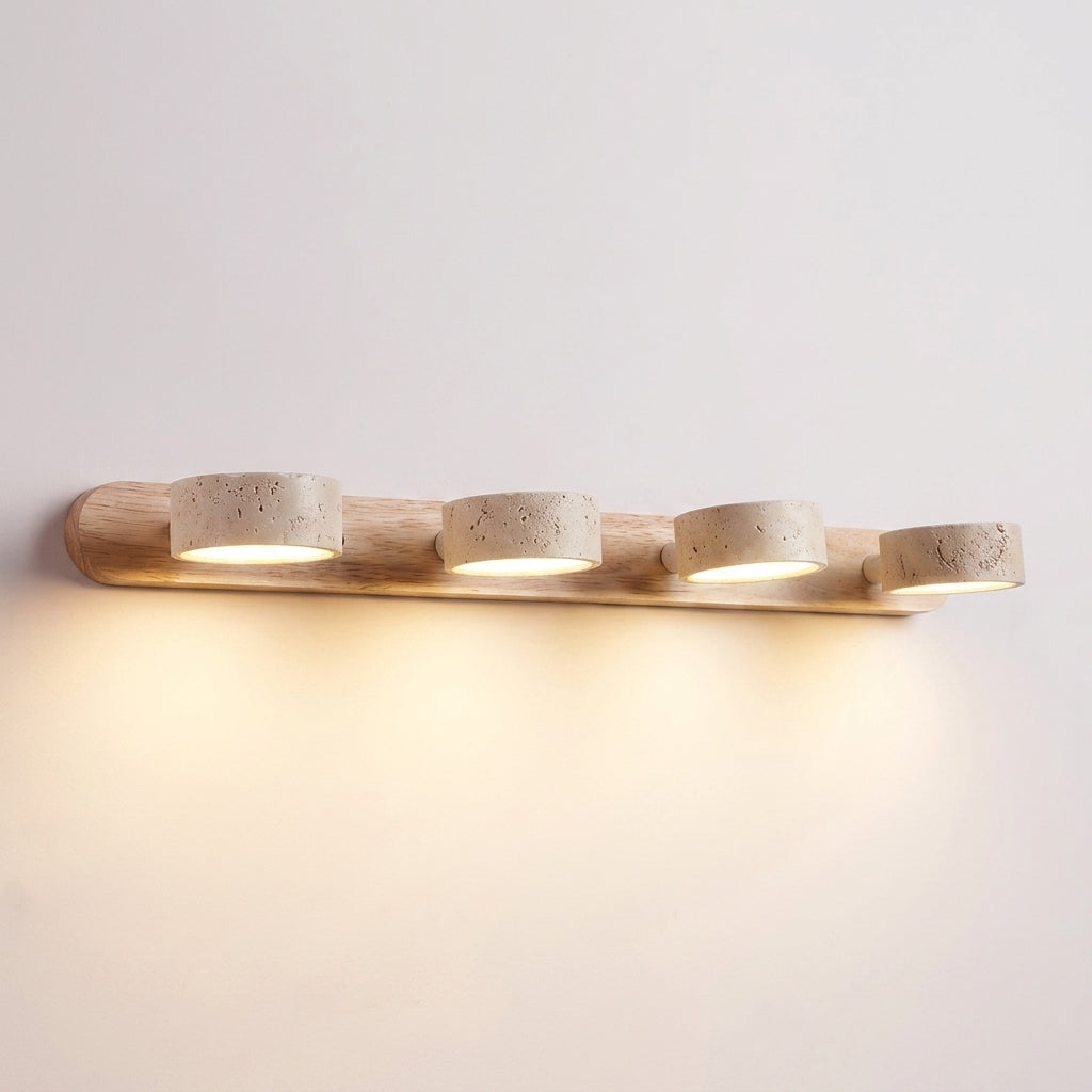 Luvqi 4-head travertine wall light in natural oak wood, front view, lit