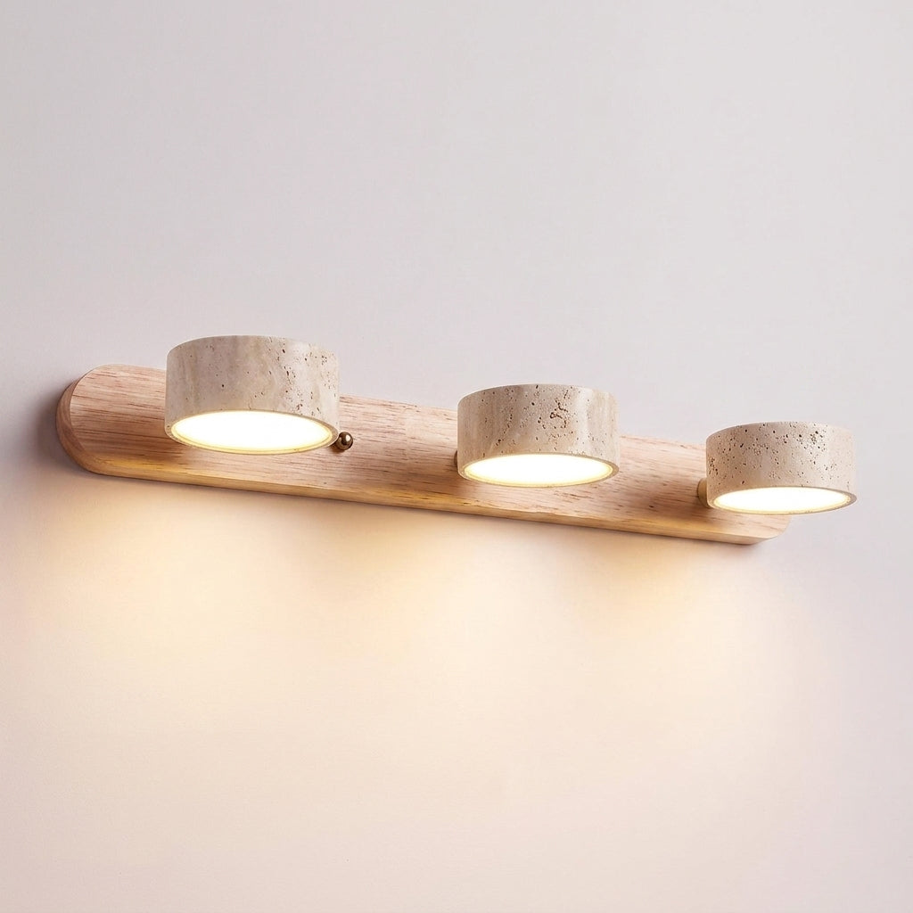 Luvqi 4-head travertine wall light in natural oak wood, front view, lit