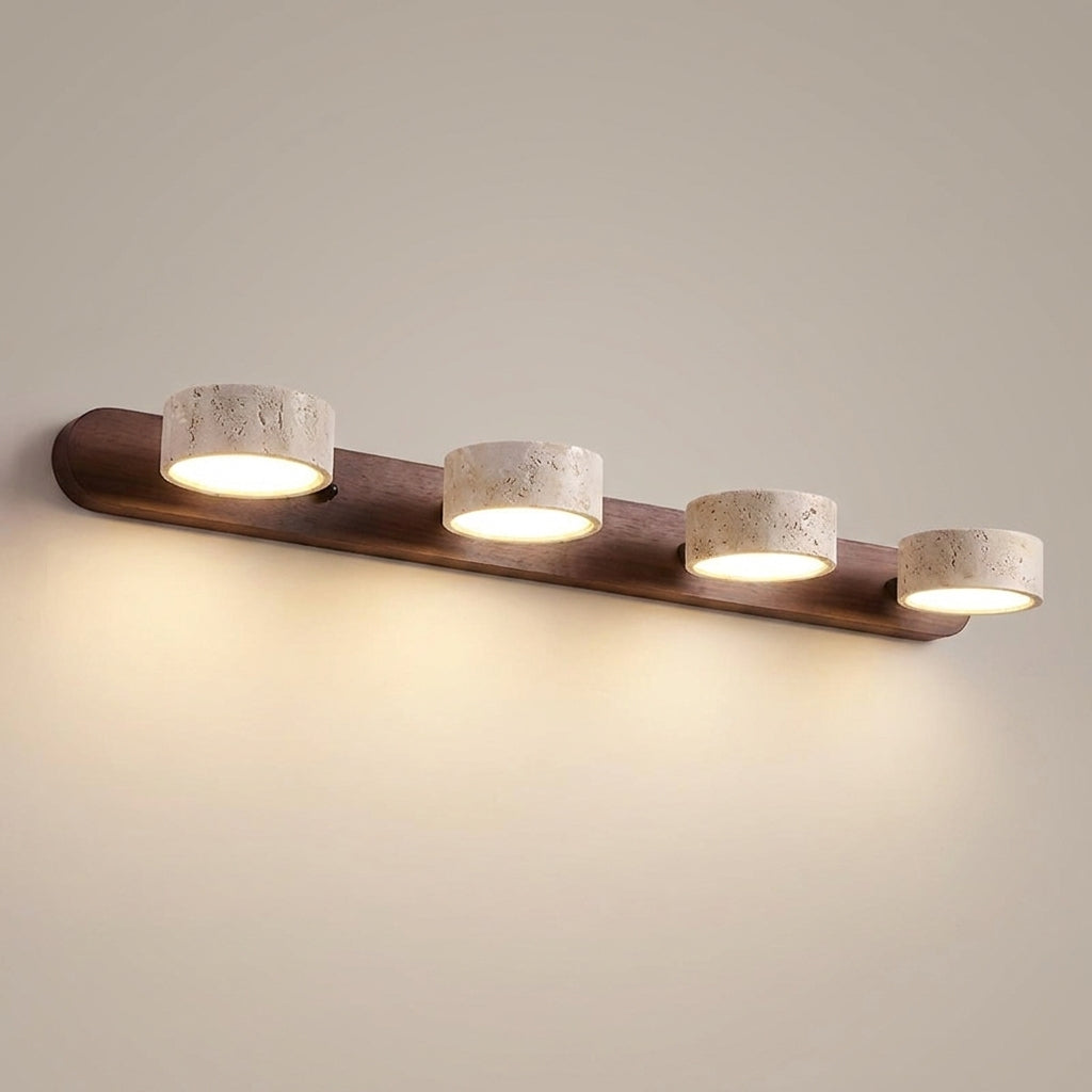 Luvqi 4-head travertine wall light in walnut wood, front view, lit